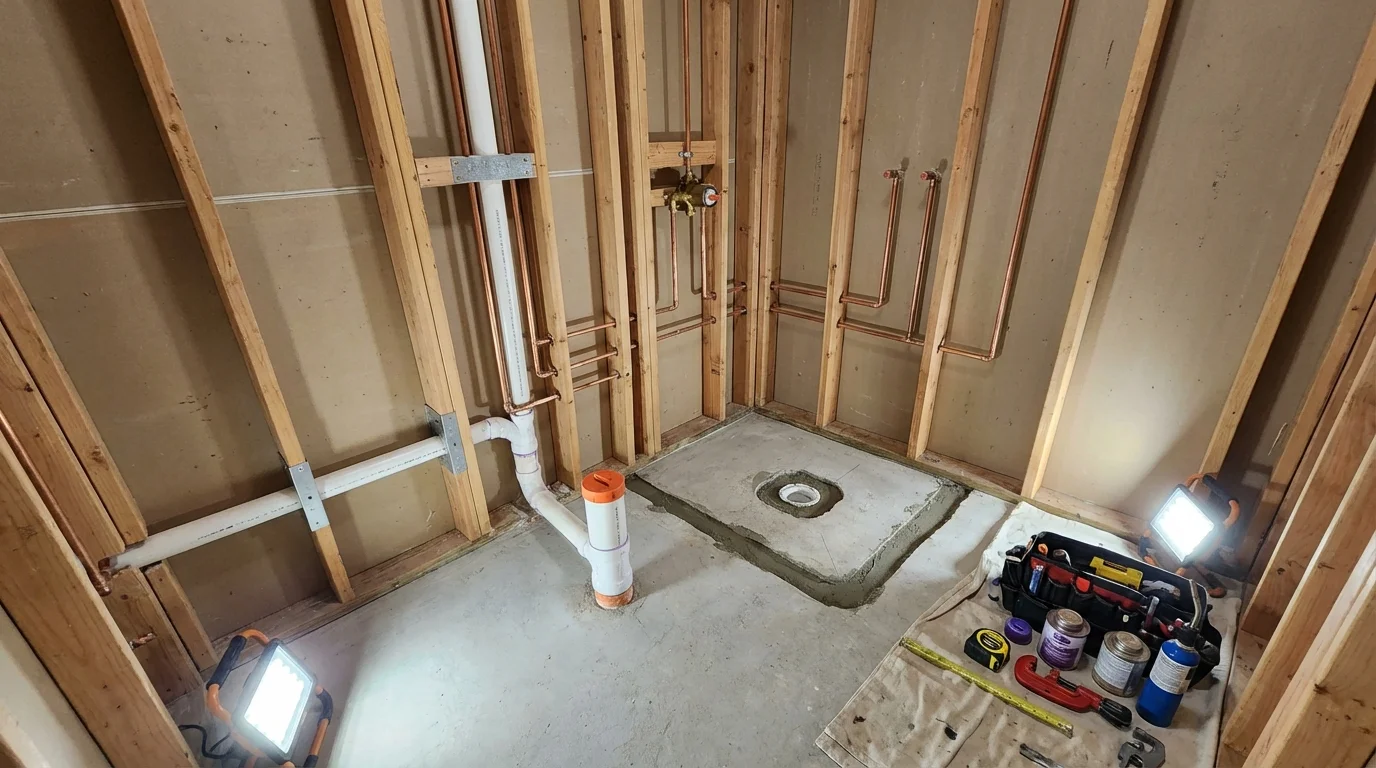 Bathroom rough-in plumbing during remodel by Johns Plumbing LLC in South Hill