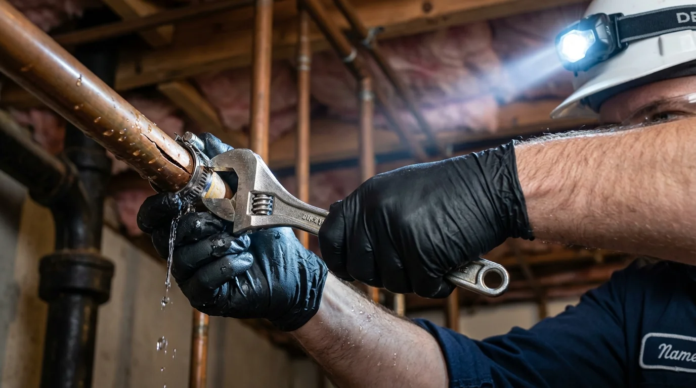 Emergency pipe clamp repair being performed by a Johns Plumbing LLC plumber in South Hill