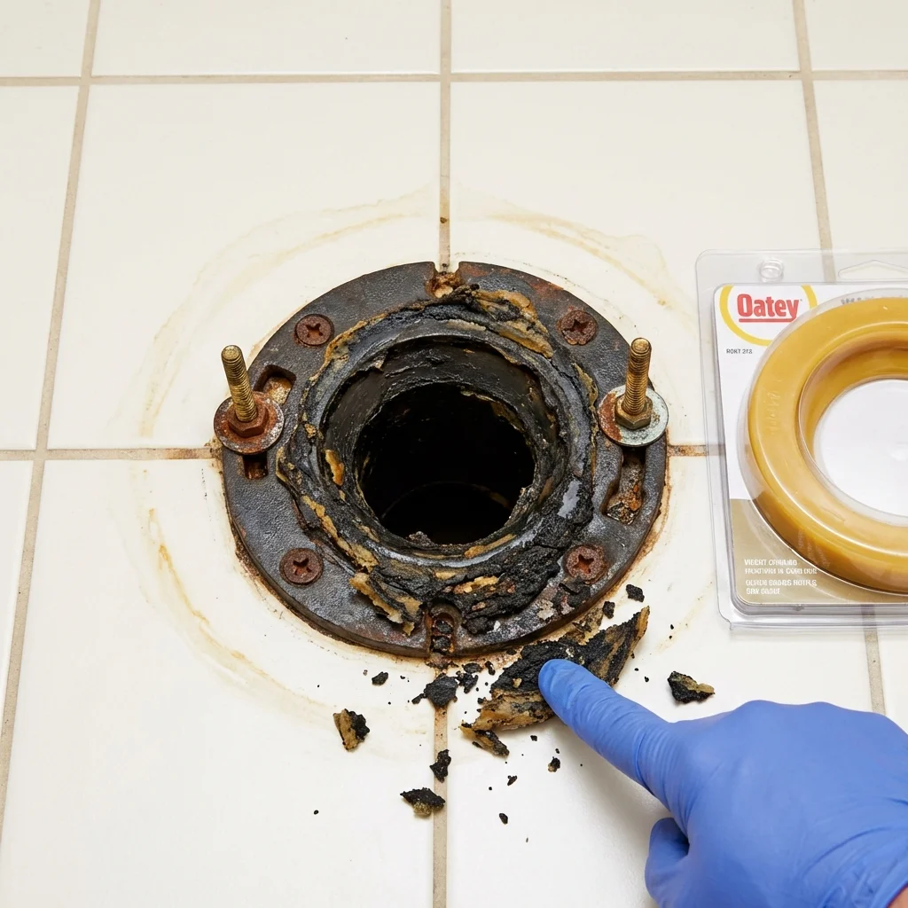 Failed wax ring showing water seepage at the base of a toilet in a South Hill, VA home