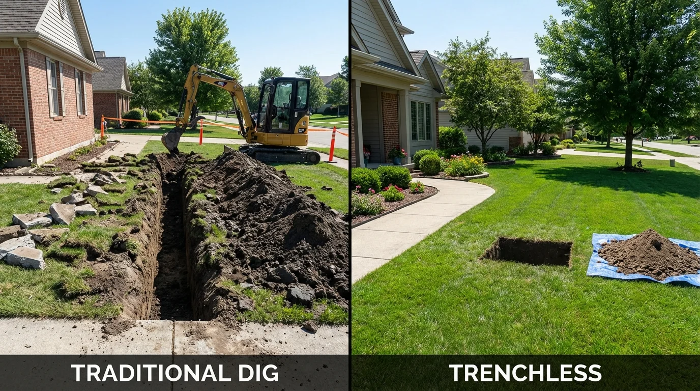 Trenchless sewer repair with minimal yard damage versus traditional excavation in South Hill, VA