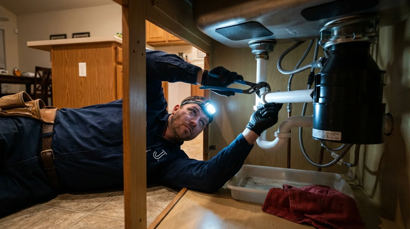 P-trap and supply line connections under a kitchen sink showing a common leak point in South Hill, VA